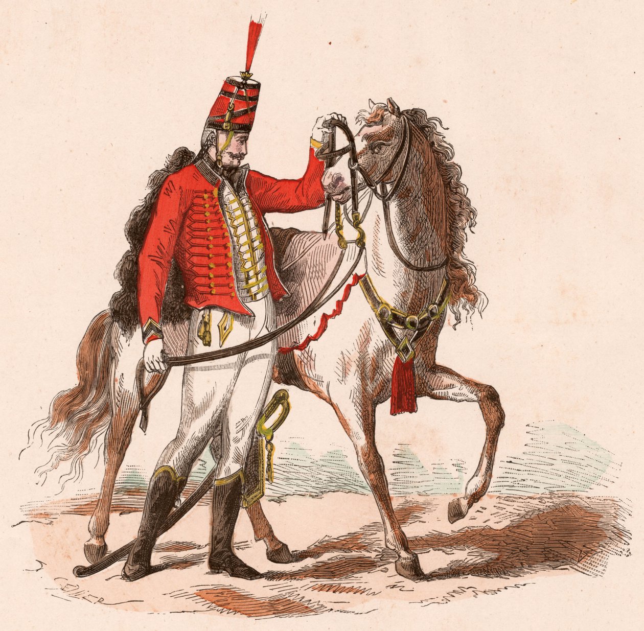 Ein französischer Husar in seiner Uniform neben seinem Pferd von Unknown