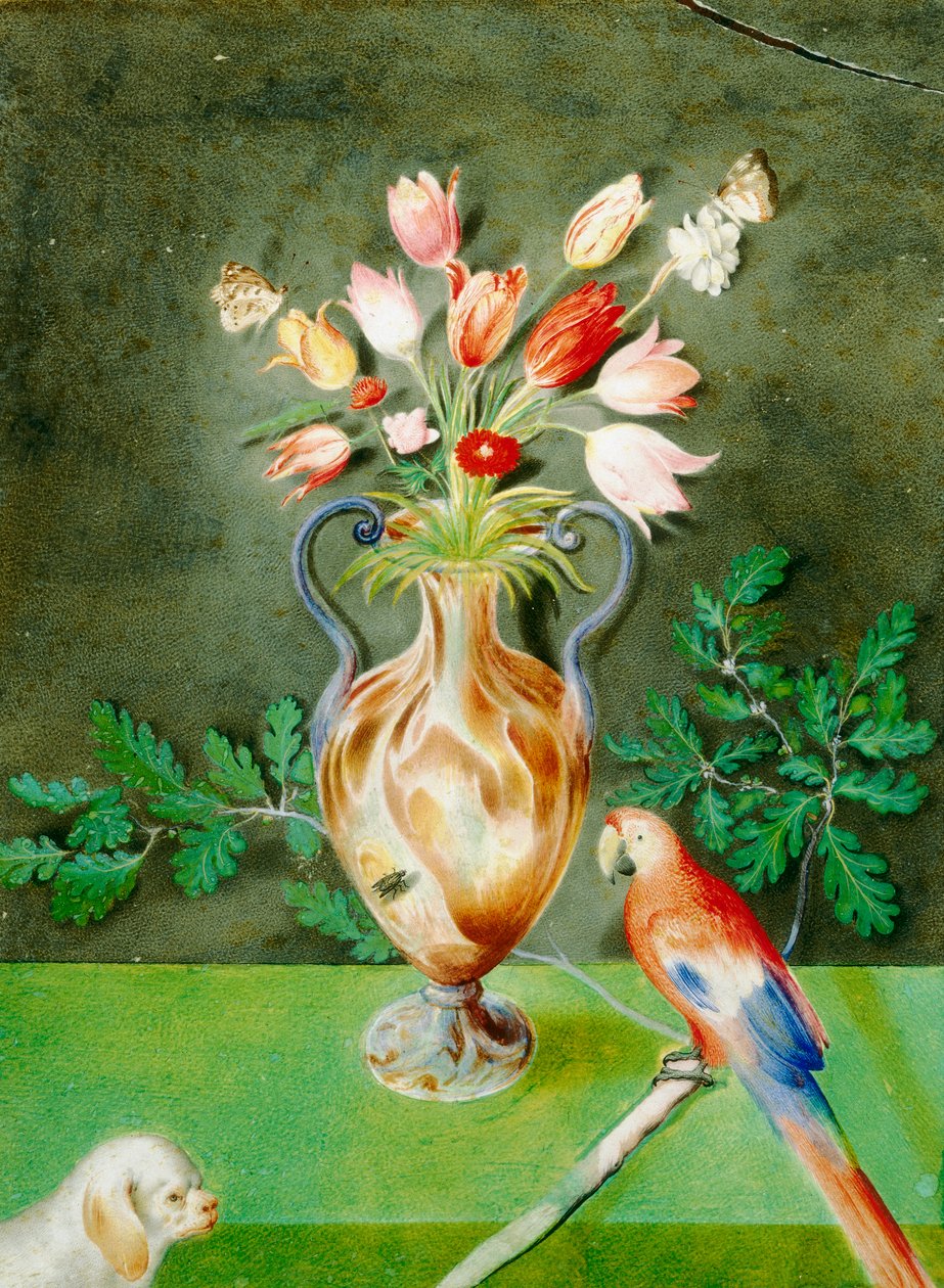 Vase mit Blumen, Papagei und Schoßhund, ca. 1600-25 von Unknown