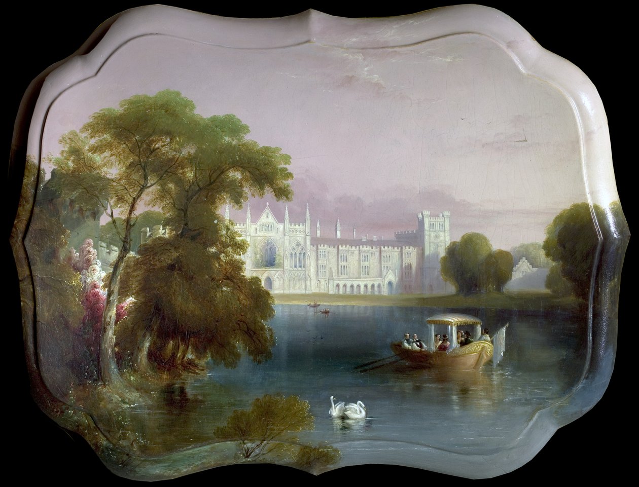 Westansicht von Newstead Abbey, Nottinghamshire, einschließlich einer Bootsfahrt auf dem oberen See von Unknown