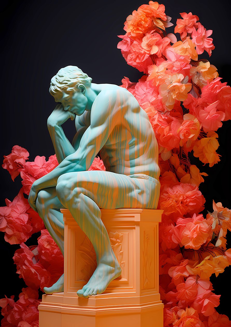 Der Denker-Statue in floralem Decoupage von F. Abderrahim