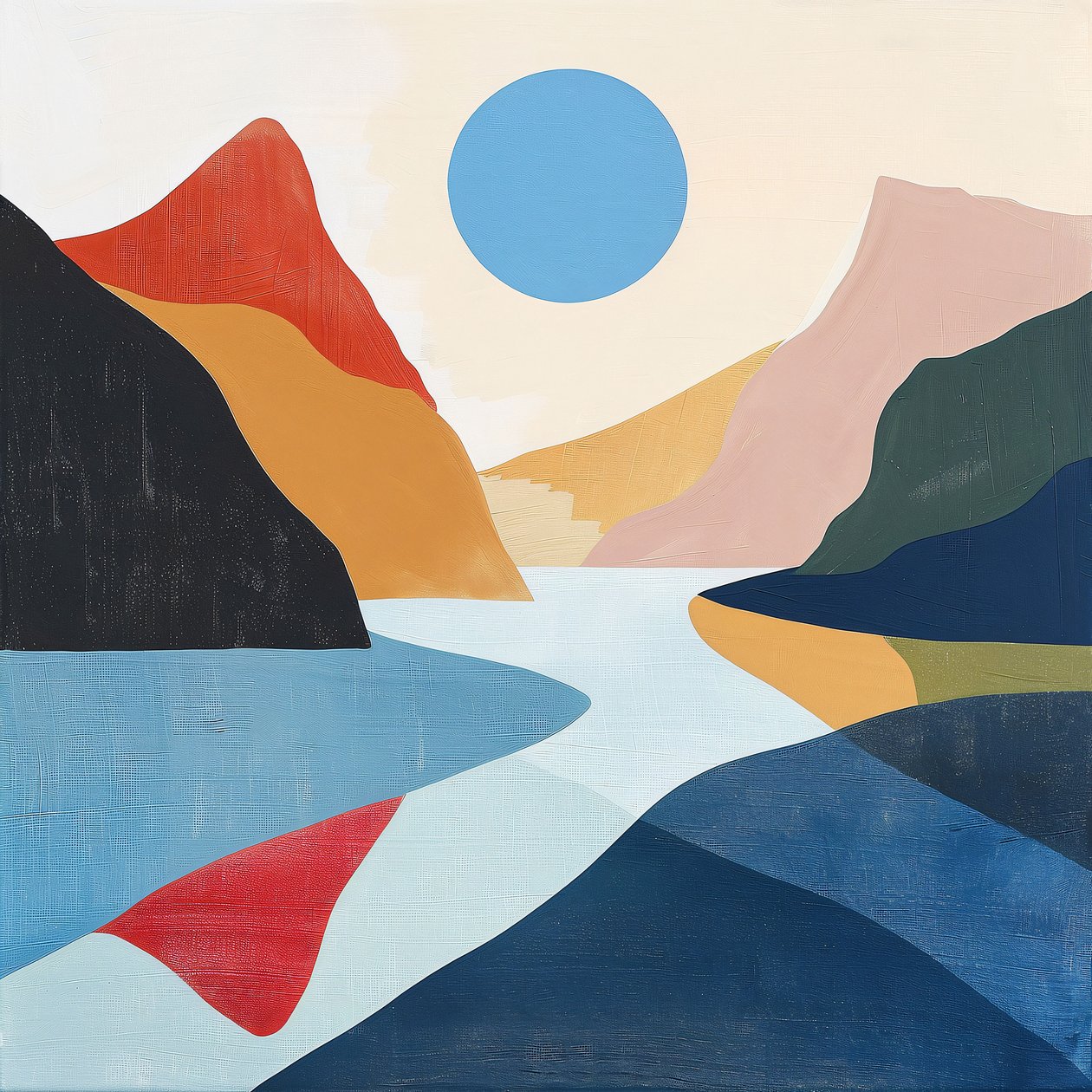 Seeblick abstrakte Landschaft geometrische Formen minimalistisch für Wanddeko von F. Abderrahim