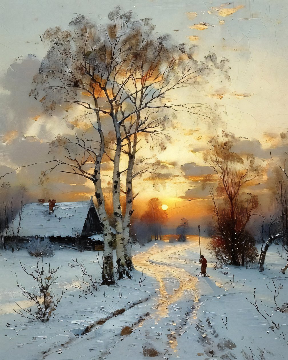 Ein Haus auf dem Land bei Sonnenuntergang im Winter im Schnee, Leinwandkunstdrucke von F. Abderrahim