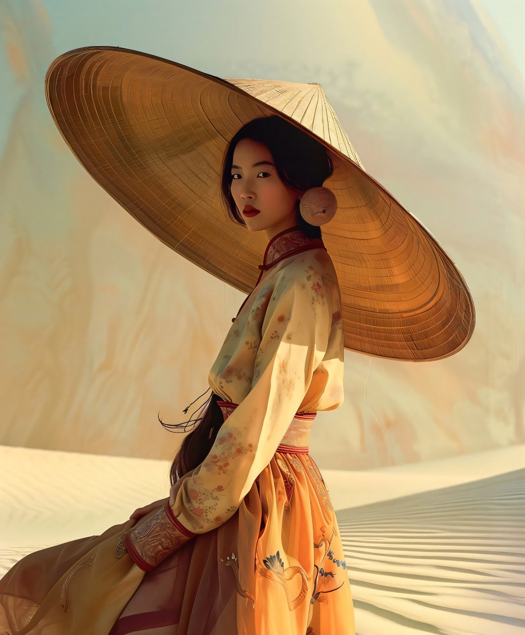 Chinesische Frau in einem gelben Kimono in einer Wüste von F. Abderrahim
