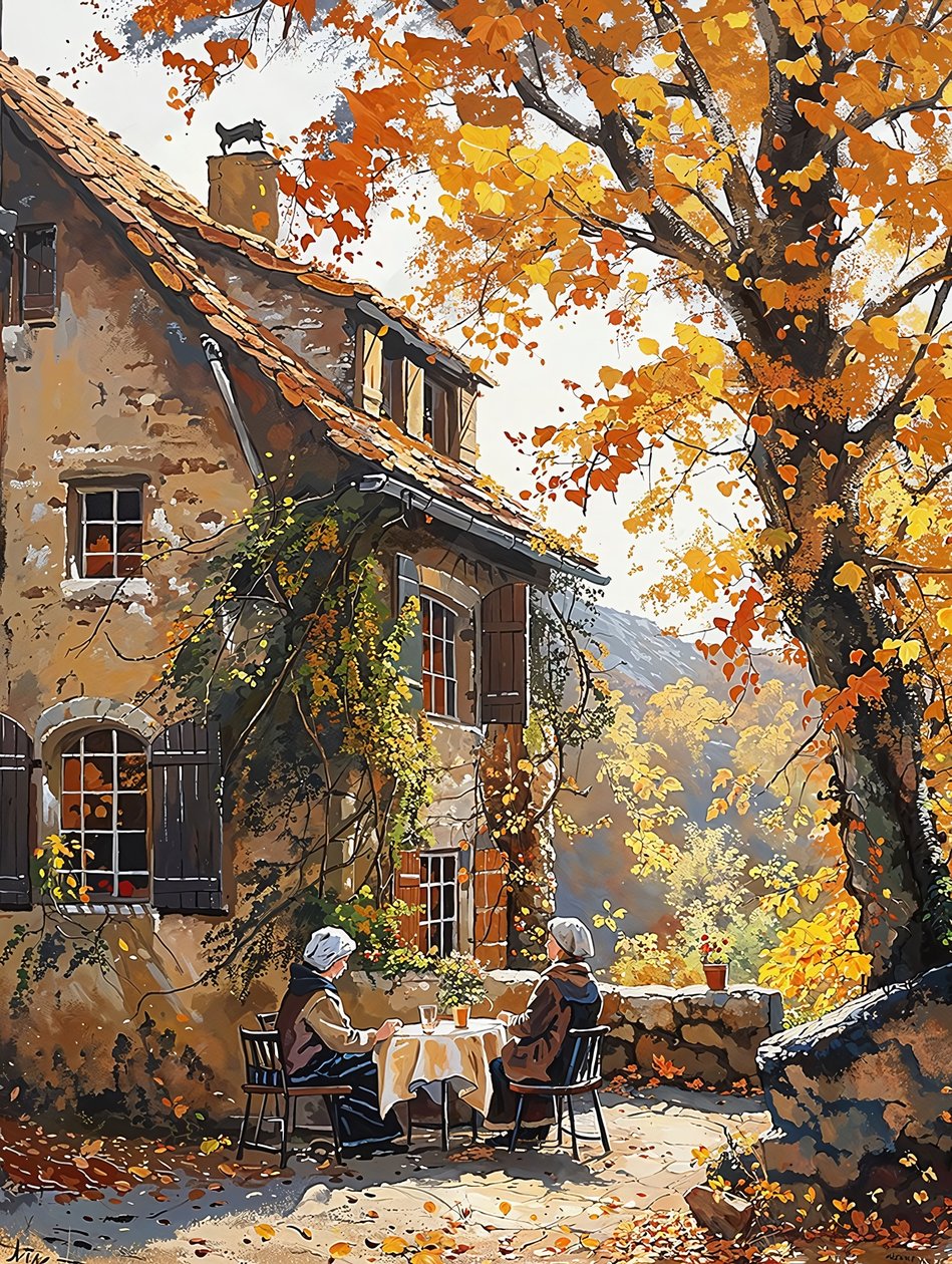 Menschen vor einem alten traditionellen italienischen Haus inmitten der Natur von F. Abderrahim