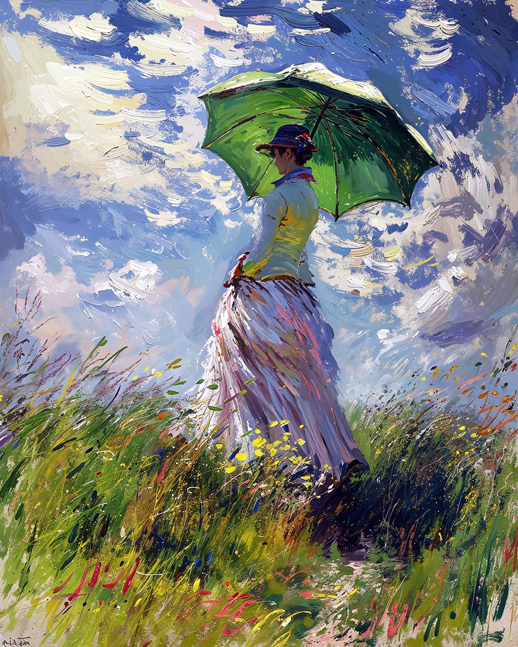 Frau im Kleid mit Regenschirm geht auf einem grünen Hügel im Frühling von F. Abderrahim