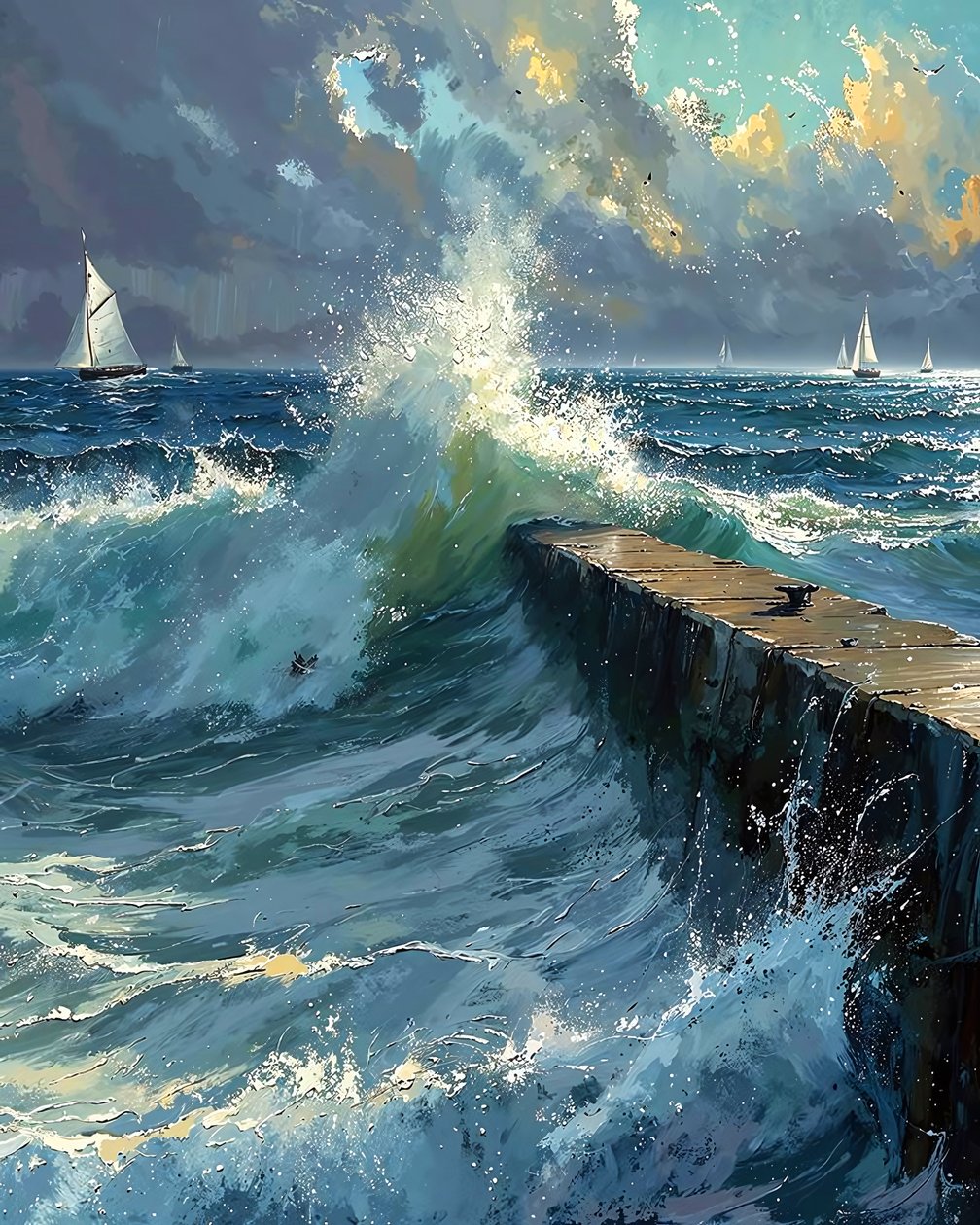 Raue Wellen und Boote am Horizont von F. Abderrahim