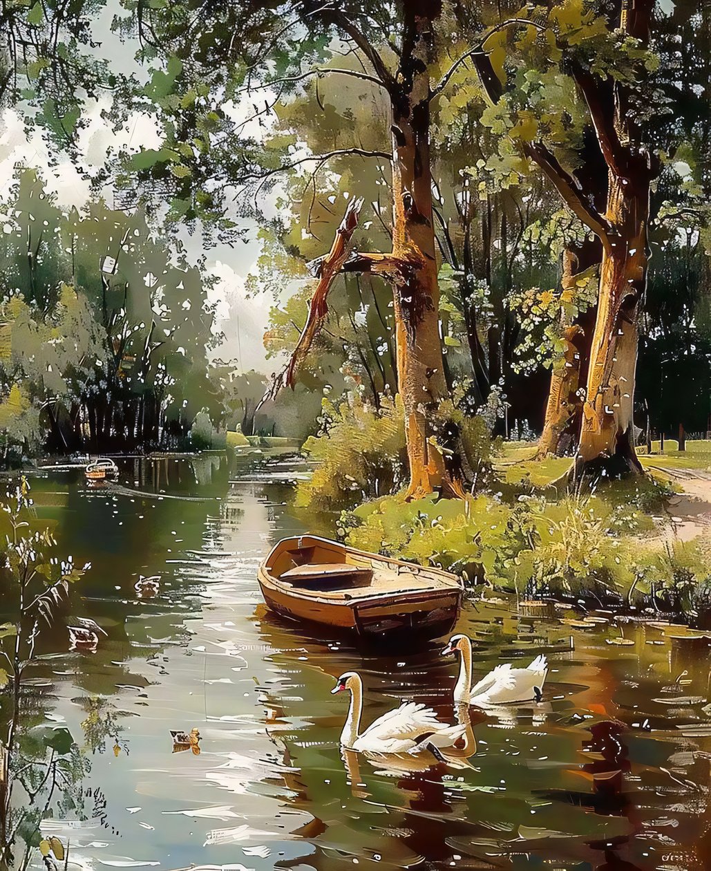 Gänse schwimmen in einem Wasserlauf zwischen Bäumen, Canvas  gerahmte Wanddekoration von F. Abderrahim