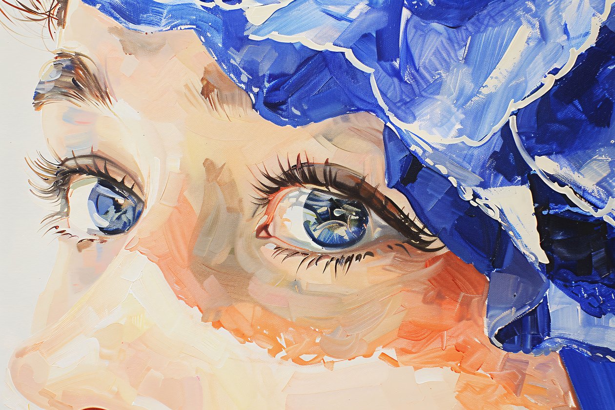 Realistische Ölmalerei cinematic indigo, Weibliche blaue Auge close up von F. Abderrahim