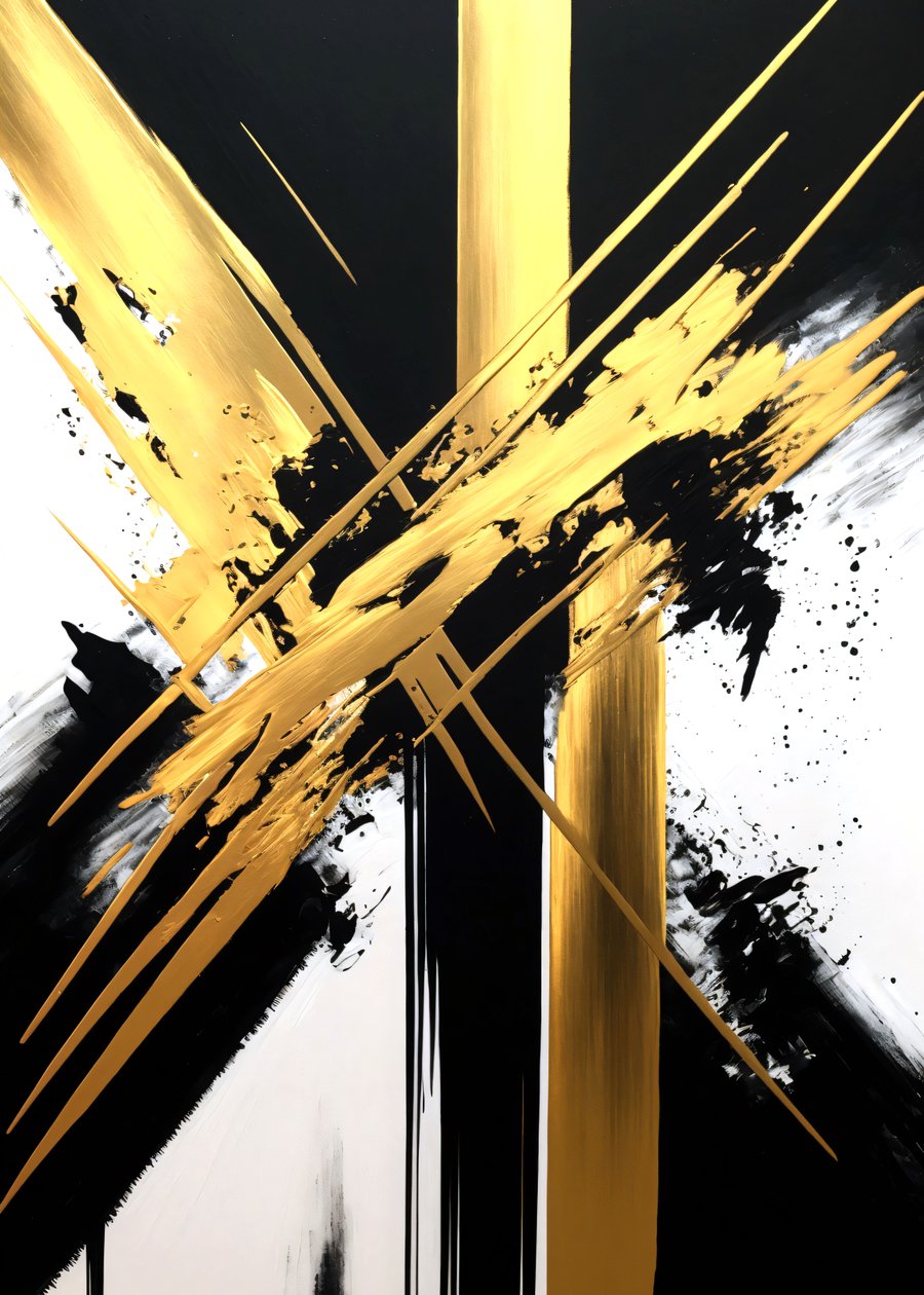 Gold und Schwarz Malerei, Zeitgenössische Kunst, Großformatige Leinwand, Custom Print von F. Abderrahim