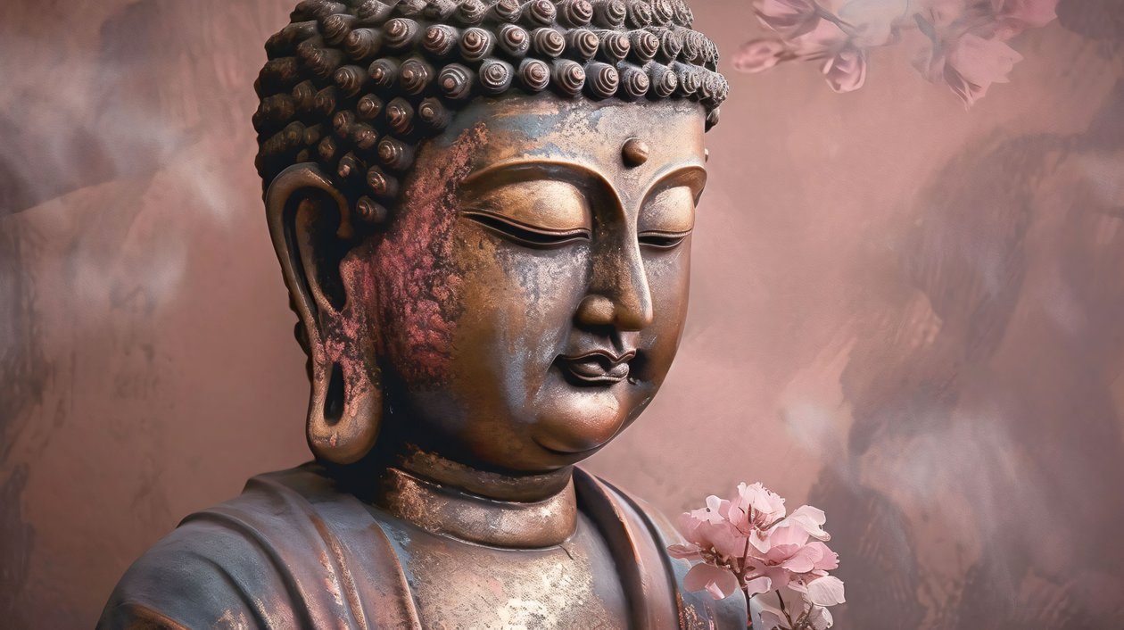 Friedlicher Buddha auf Lotos Wandkunst für Wohnzimmer, horizontale Leinwand von F. Abderrahim
