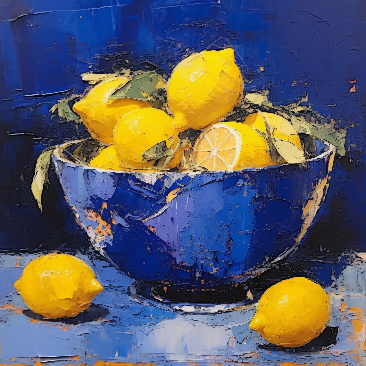 Eine blaue Keramikvase mit Zitrone in der Küche, Gerahmte Wanddekoration von F. Abderrahim