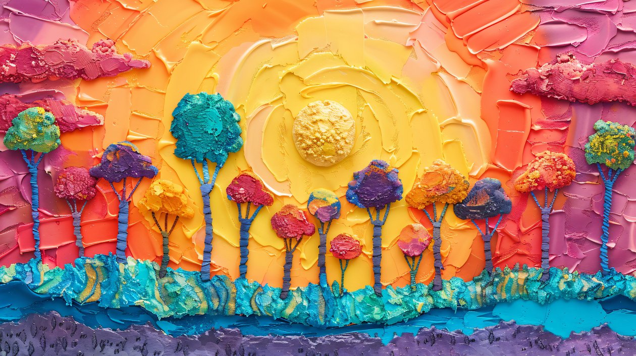 Plastilin-Panorama-Baumszene mit leuchtenden Farben, Online-Kunstdrucke von F. Abderrahim
