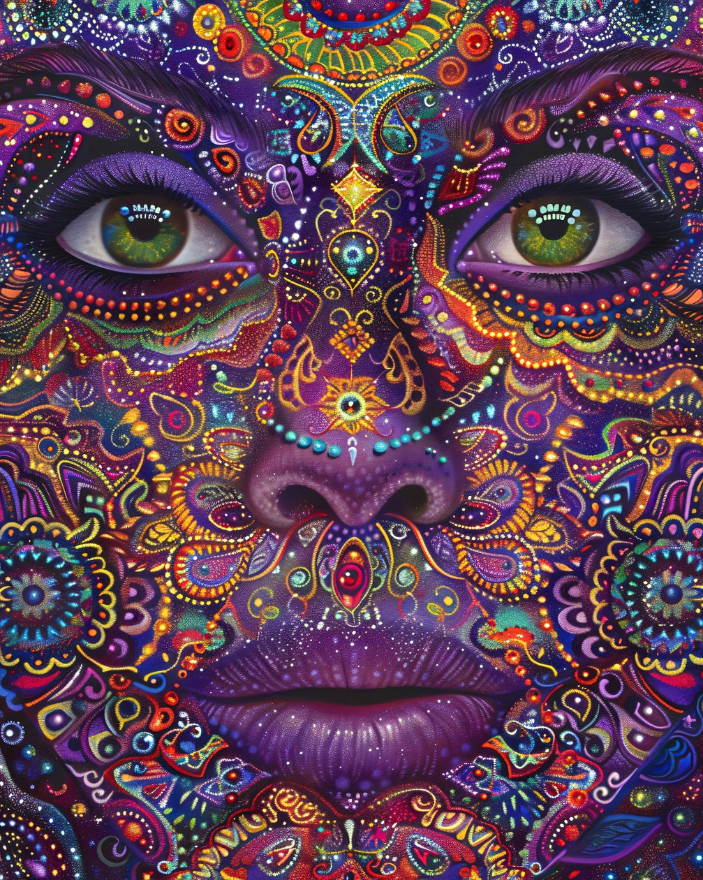 Psychedelische Frau mit buntem Gesicht Spirituelle  Mandala-Muster, Kunstdrucke auf Leinwand von F. Abderrahim