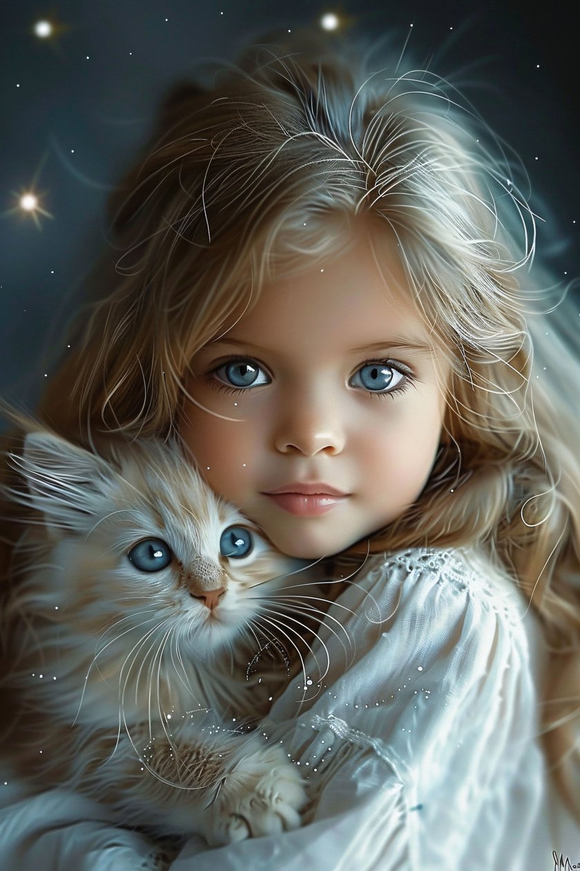 Das Mädchen und ihre Katze Ein Band aus großen blauen Augen und Liebe, Rahmen Wanddekoration Drucke von F. Abderrahim