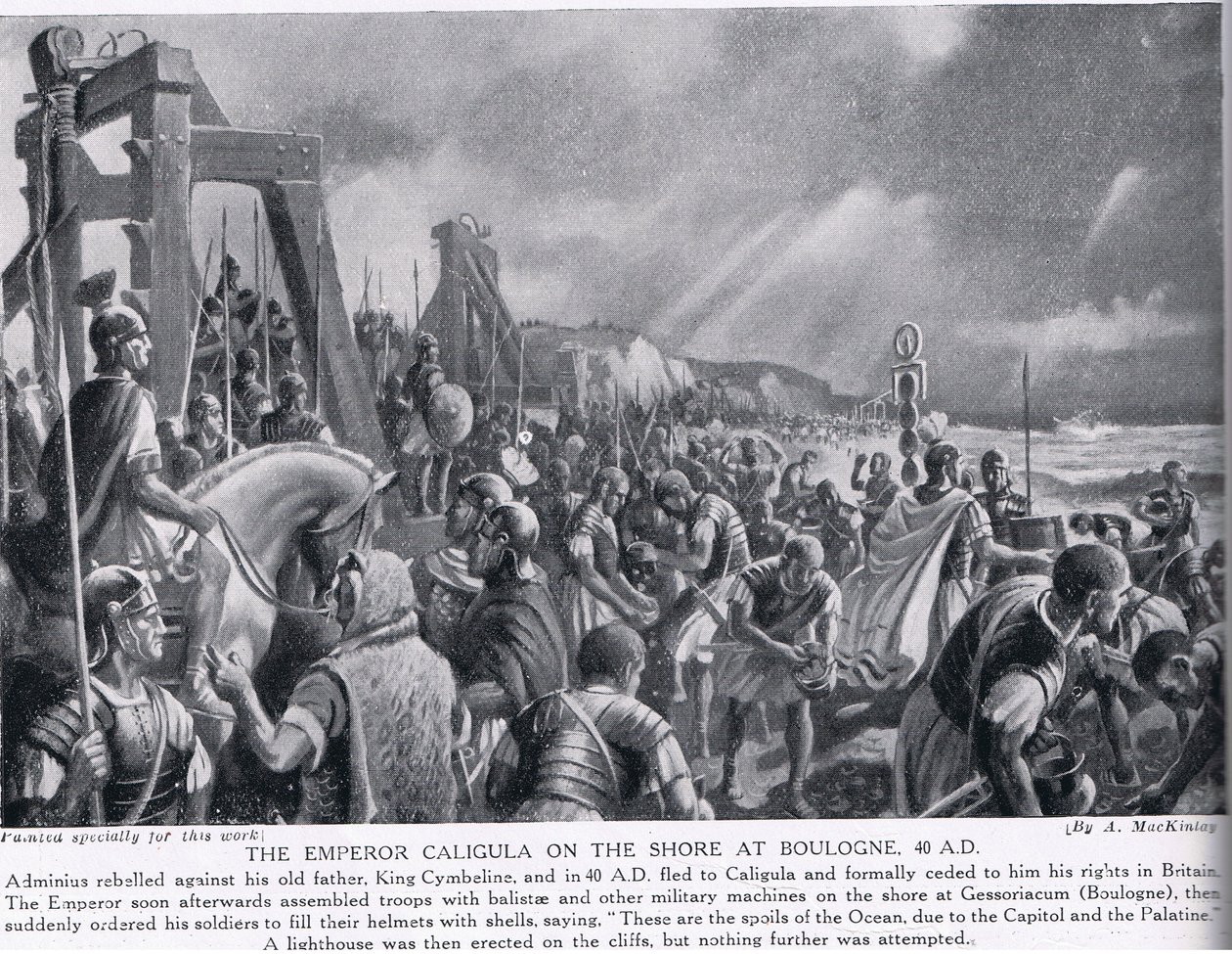 Der Kaiser Caligula am Ufer von Boulogne, Illustration aus Hutchinsons Geschichte der Nationen, ca. 1910 von A. MacKinlay