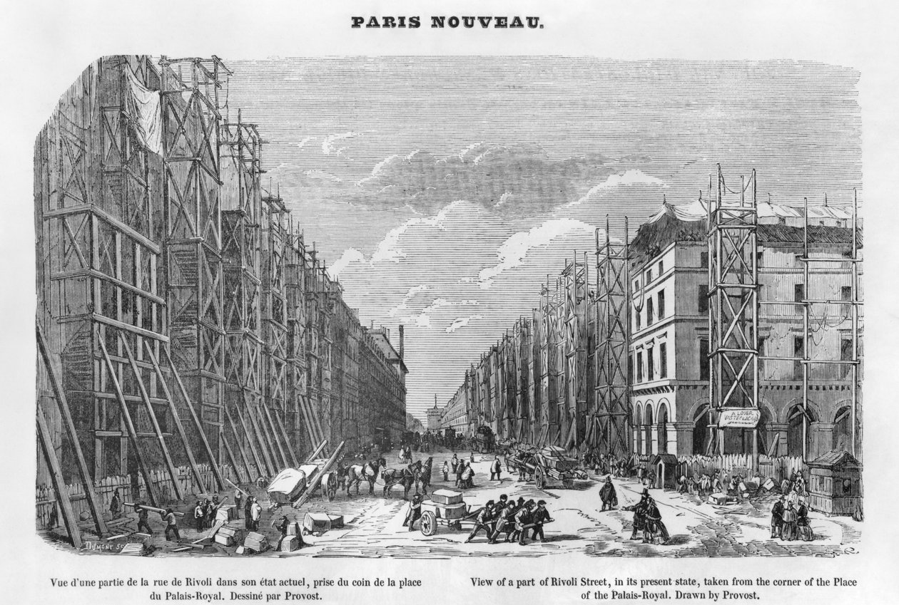Neues Paris, Ansicht eines Teils der Rivoli-Straße, in ihrem jetzigen Zustand, vom Eck des Place du Palais-Royal aus gesehen, 1877 von A Provost