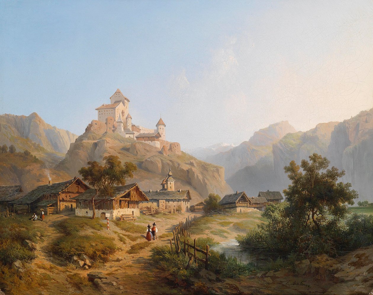 Ansicht von Dorf und Schloss Tarasp im Unterengadin im Kanton Graubünden von A. de Fontenay