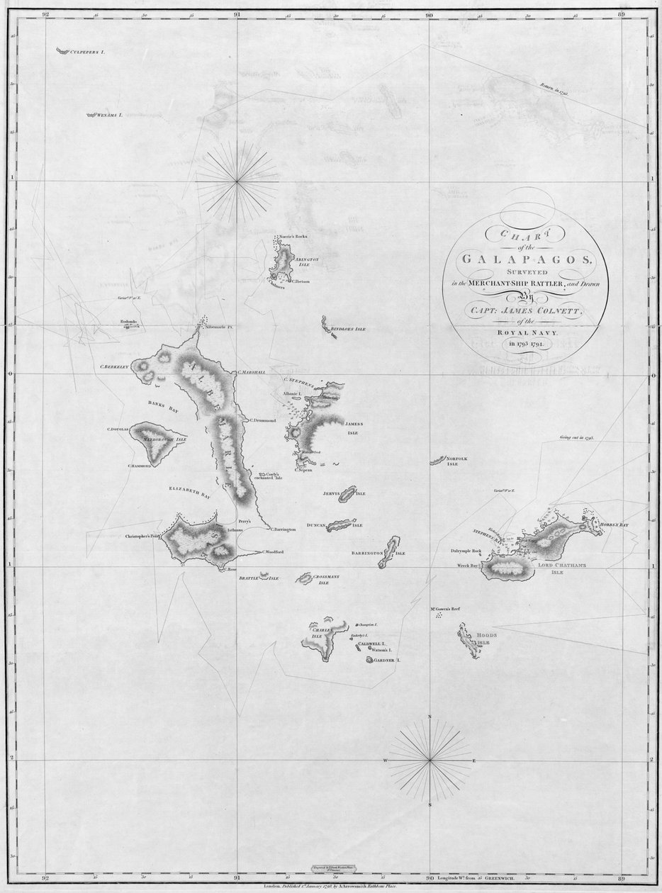 Karte der Galapagos, vermessen im Handelsschiff Rattler von Aaron Arrowsmith
