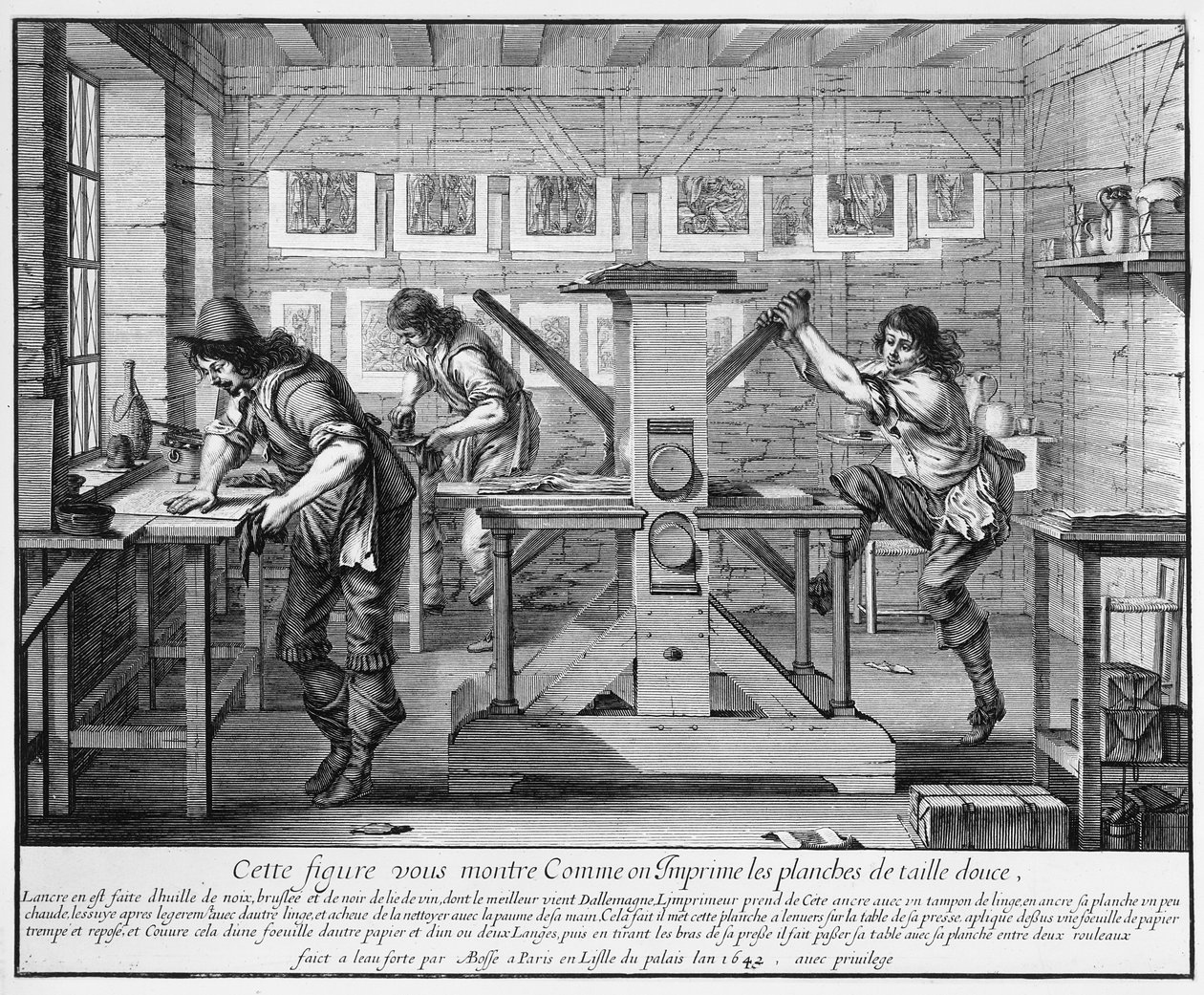 Französische Druckerpresse, 1642 von Abraham Bosse