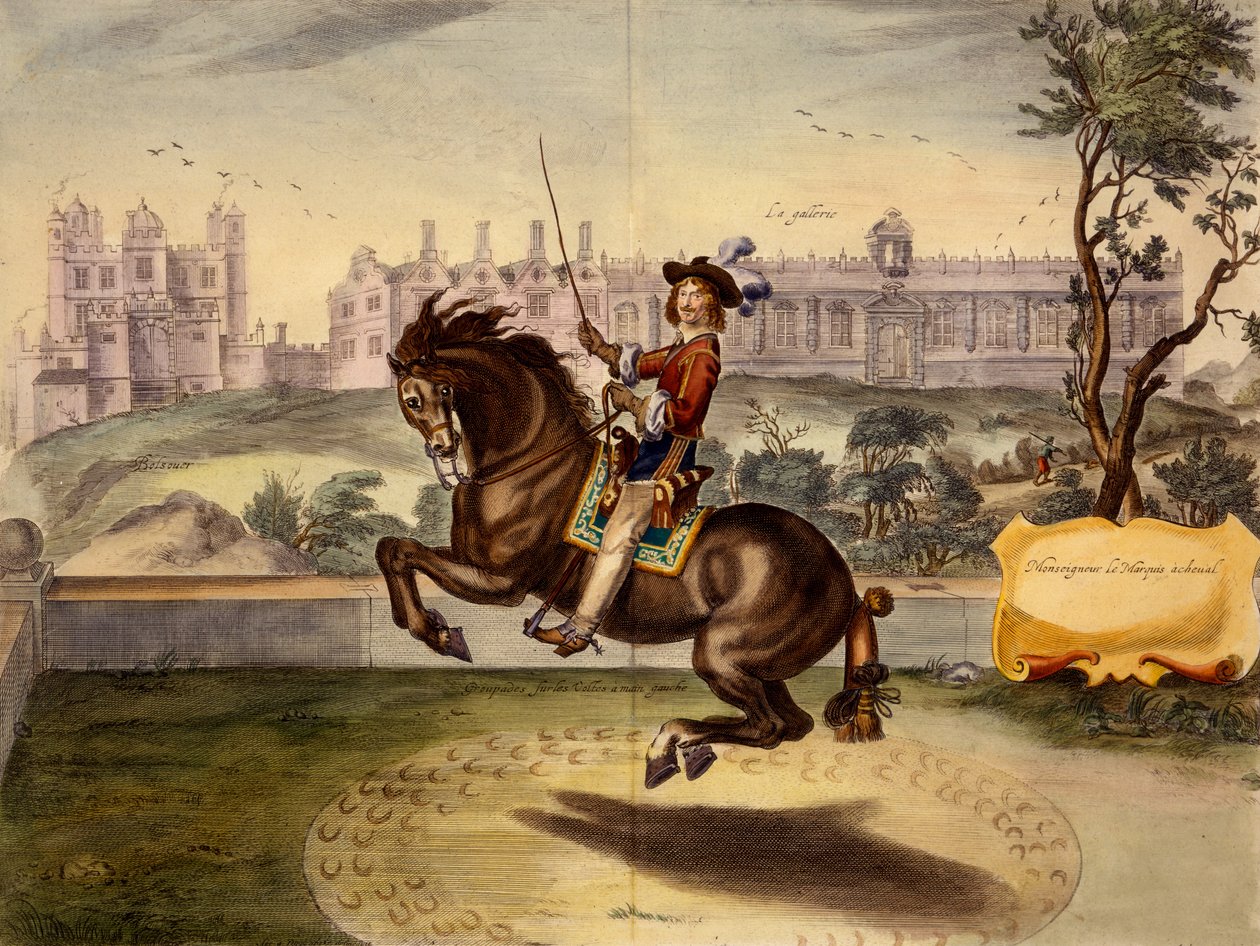 Cavendish führt eine Volte aus, mit Bolsover Castle und seinem Manegeblock im Hintergrund, aus The Method and New Invention of Dressing Horses von William Cavendish, veröffentlicht 1737 (2. Auflage) von Abraham van Diepenbeeck
