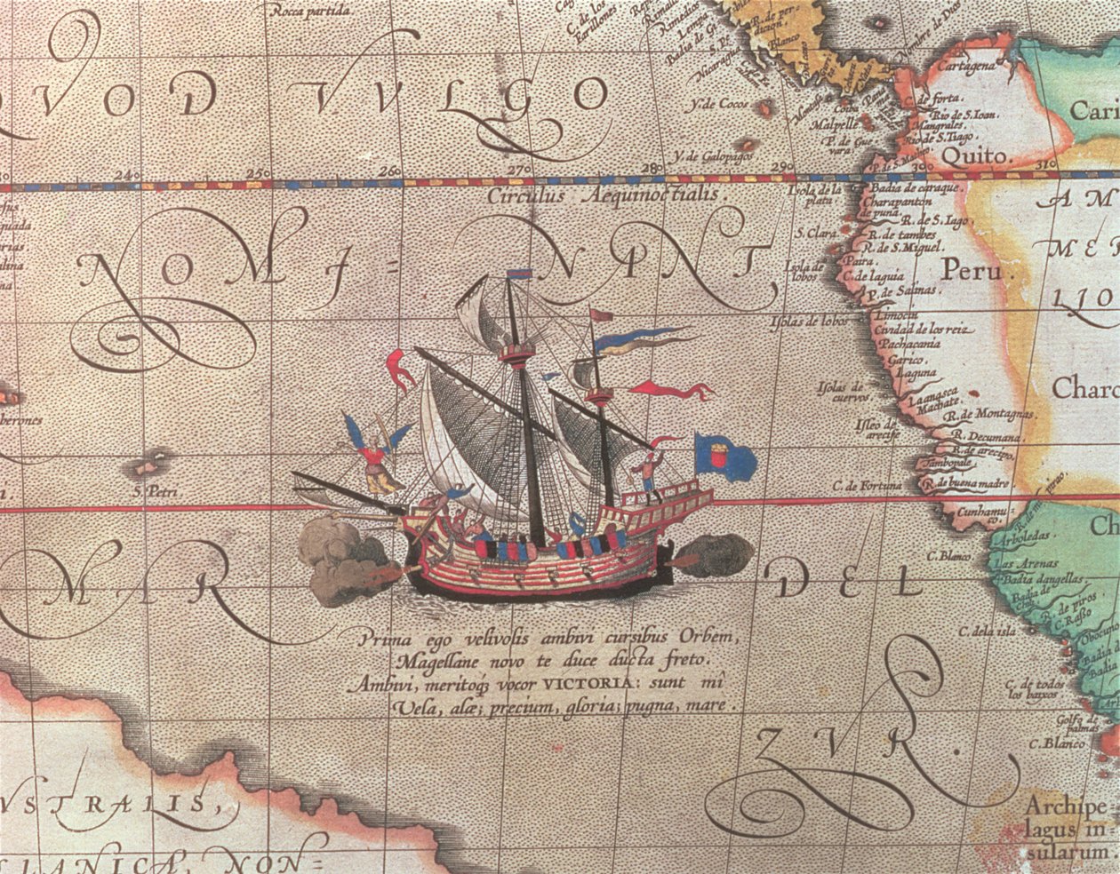 Ein Segelschiff feuert seine Kanone ab, Detail von einer Karte des Pazifiks, Chinas und Amerikas, 1599 von Abraham Ortelius