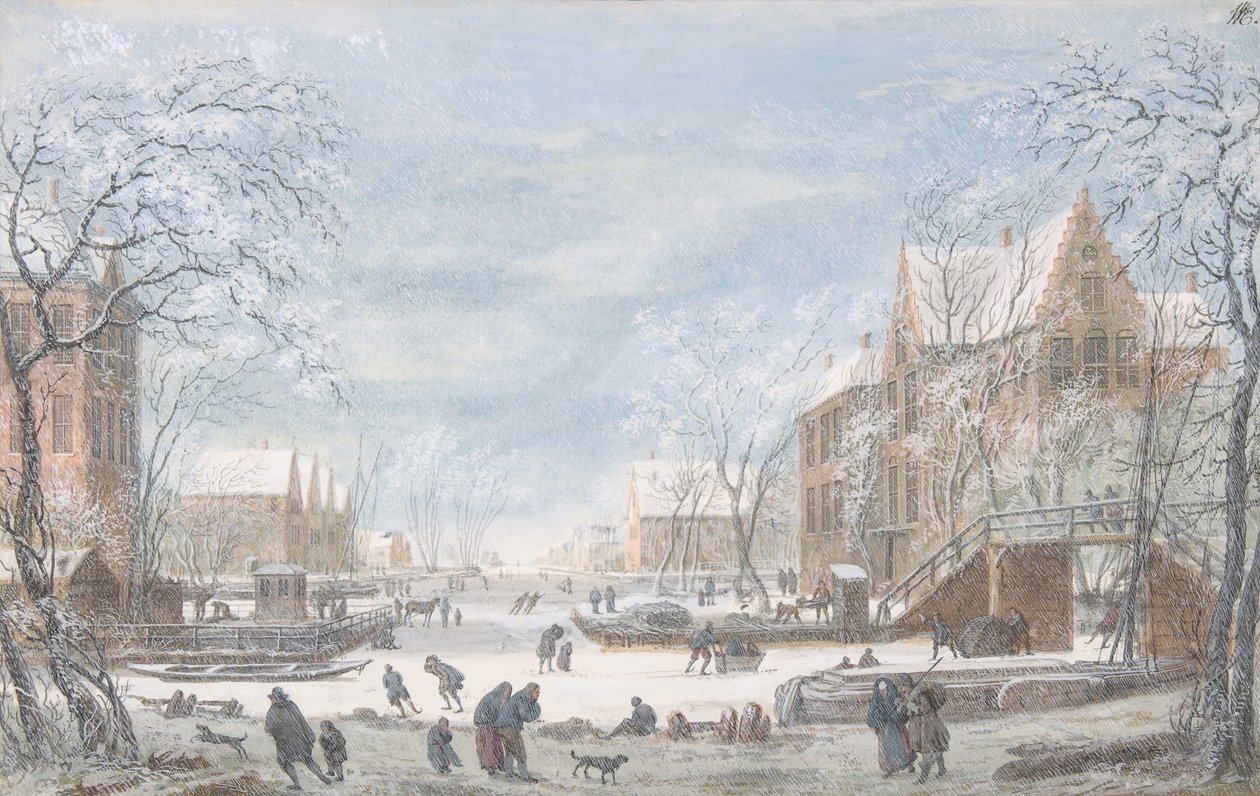 Schneefall in einer niederländischen Stadt, n.d. von Abraham Rademaker