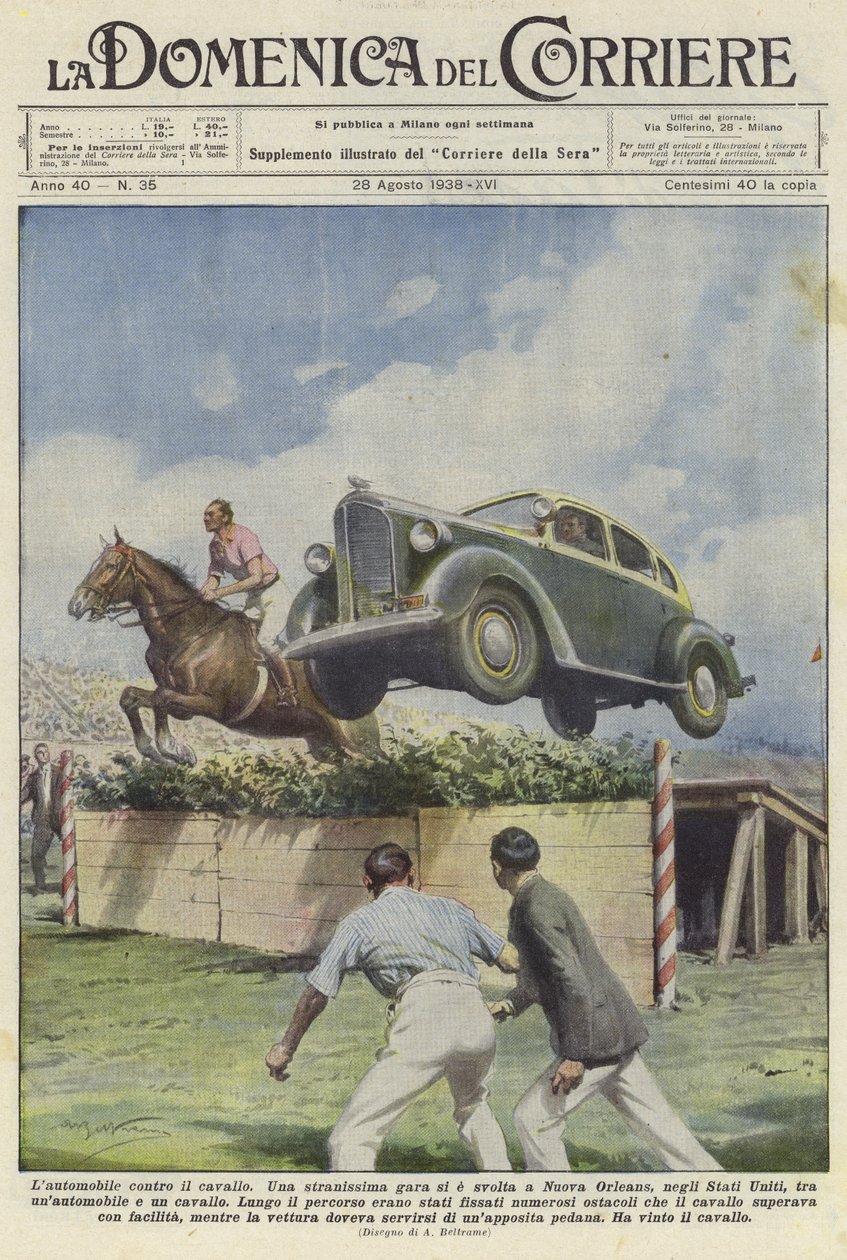 Ein Auto und ein Pferd springen über ein Hindernis auf einer Rennbahn in New Orleans von Achille Beltrame