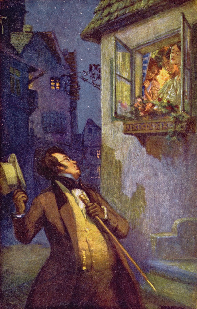 Wiener Postkarte, die Franz Peter Schubert (1796-1828) zeigt, wie er die drei Tschoell-Schwestern begrüßt, ca. 1910 von Adolf Karpellus