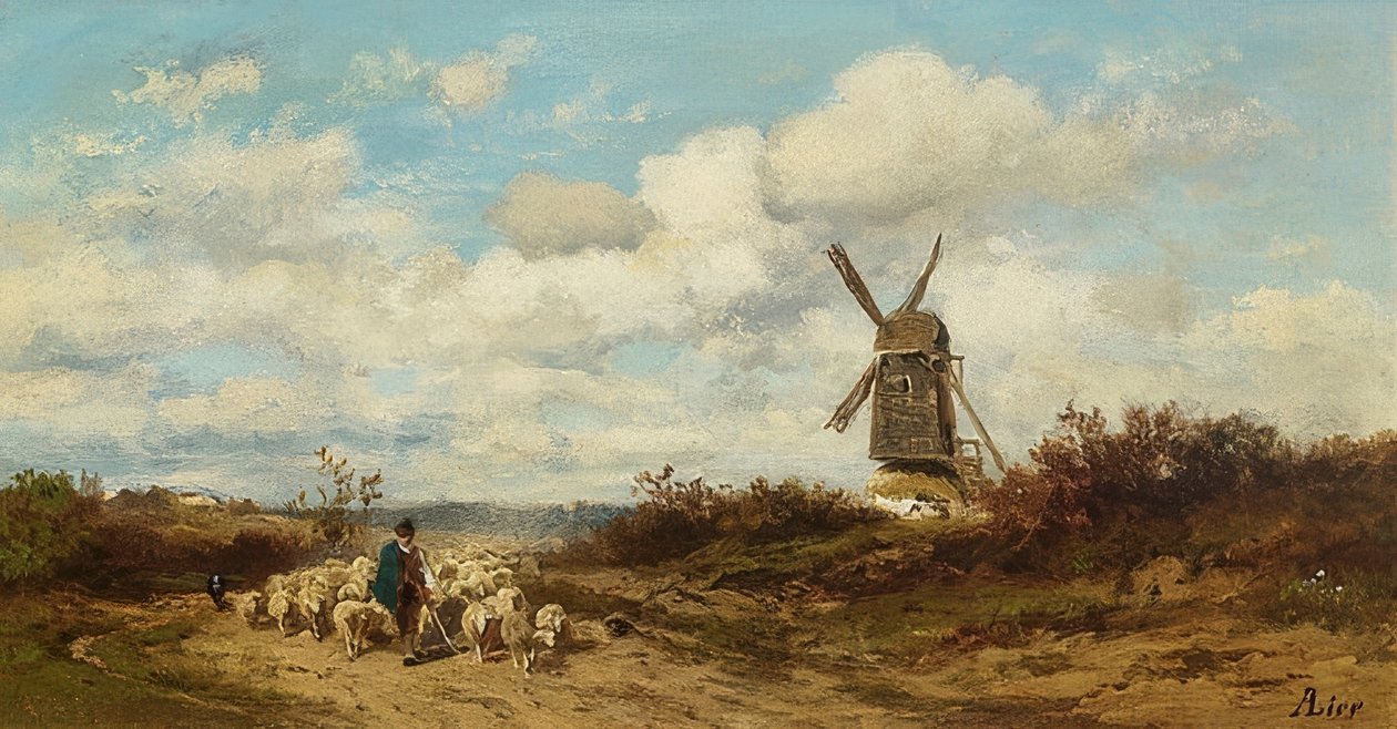 Landschaft mit Windmühle und Schafhirten von Adolf Heinrich Lier