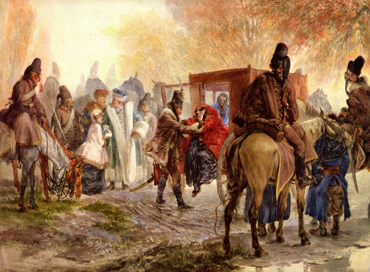 Husaren bringen eine polnische Familie auf von Adolph Menzel