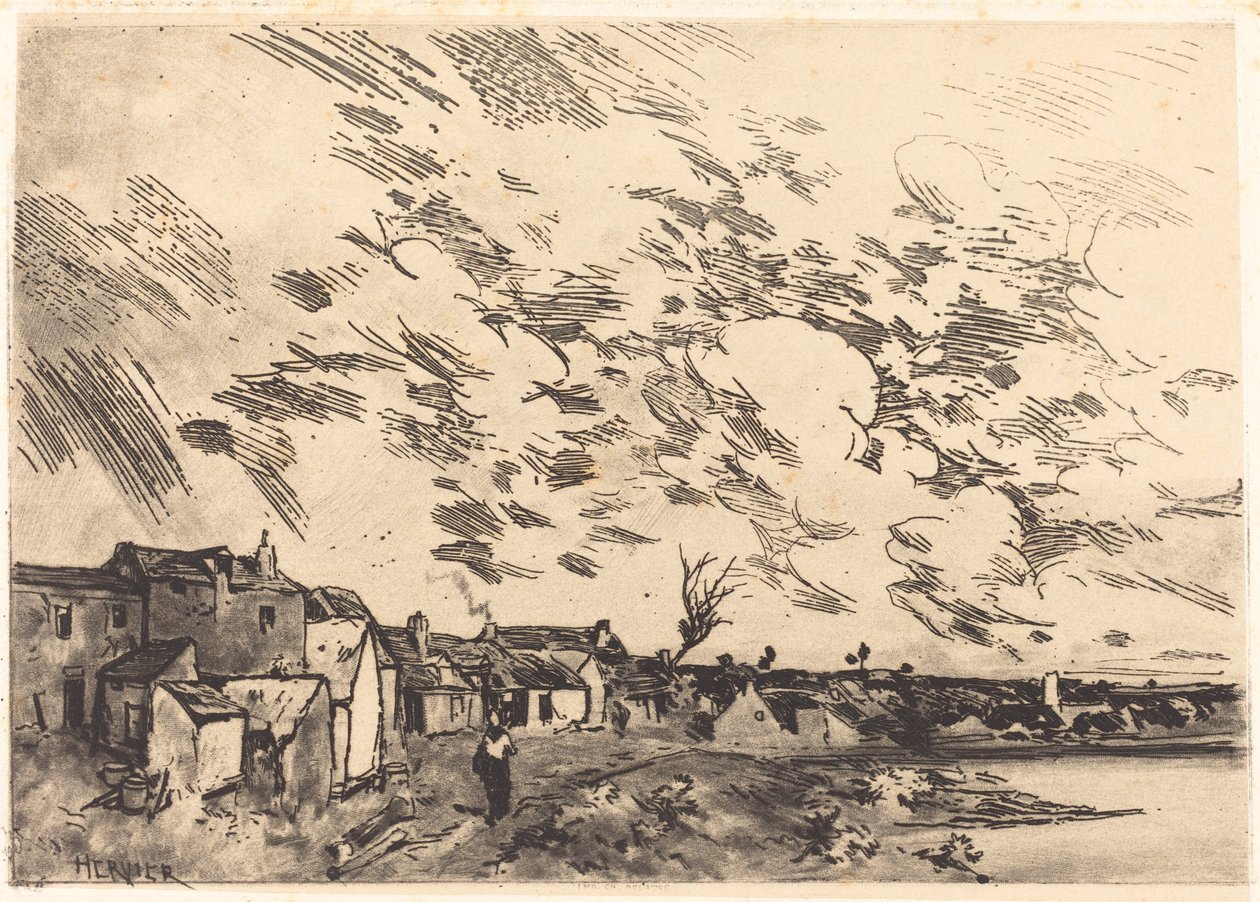 Dorf am Ufer eines Flusses von Adolphe Hervier