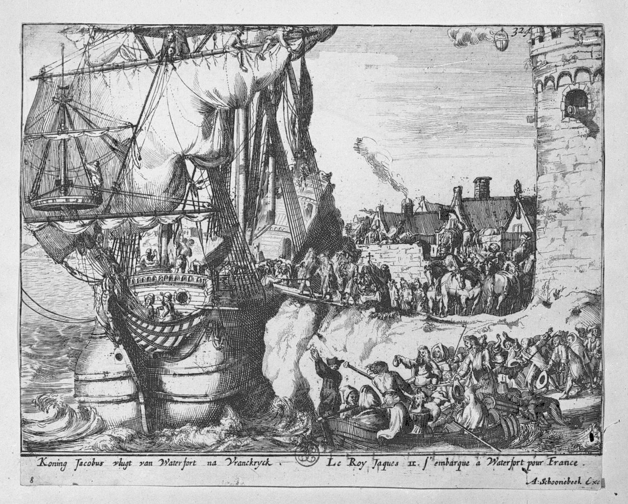 König James verlässt Irland nach der Niederlage in der Schlacht am Boyne, 1690 von Adriaan Schoonebeek
