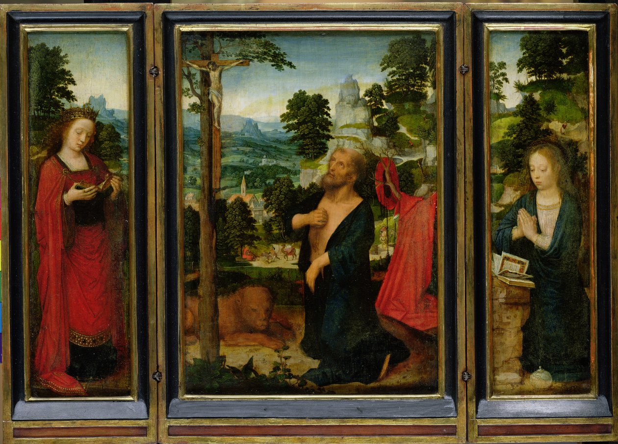 Triptychon mit St. Hieronymus, St. Katharina und Maria Magdalena von Adriaen Isenbrandt or Isenbrant