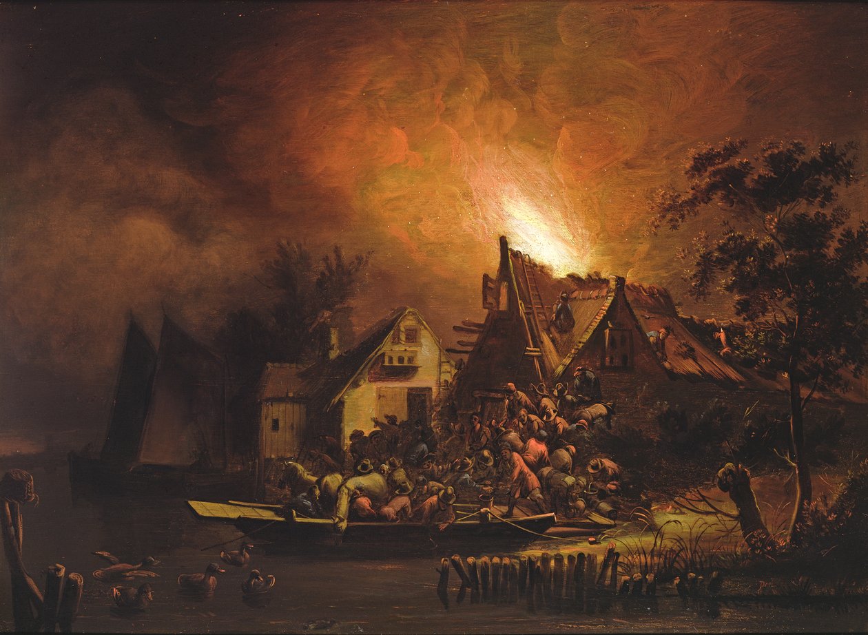 Dorfbewohner kämpfen gegen ein brennendes Cottage von Adriaen Lievensz van der Poel