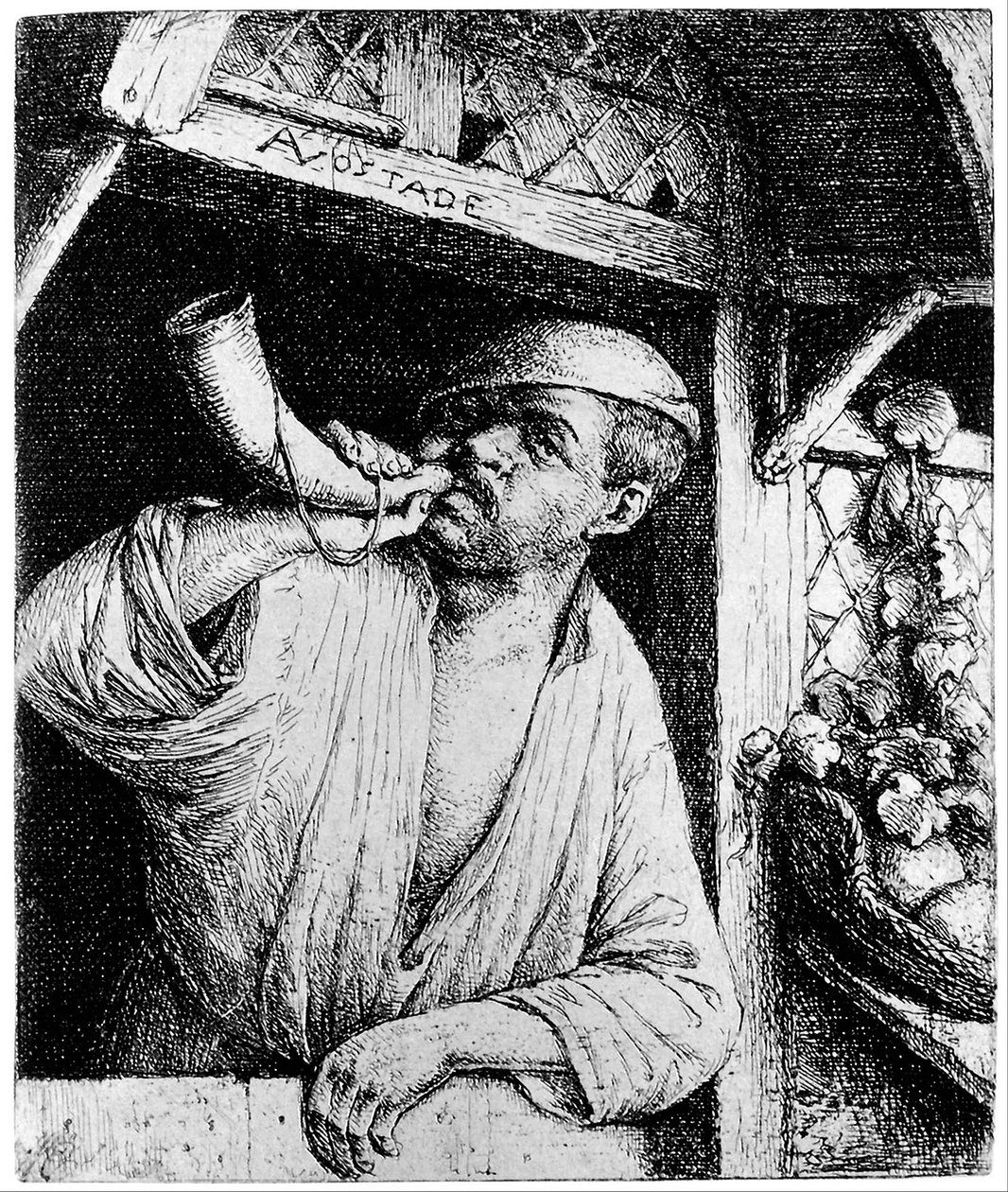 Ein Bäcker bläst sein Horn von Adriaen van Ostade