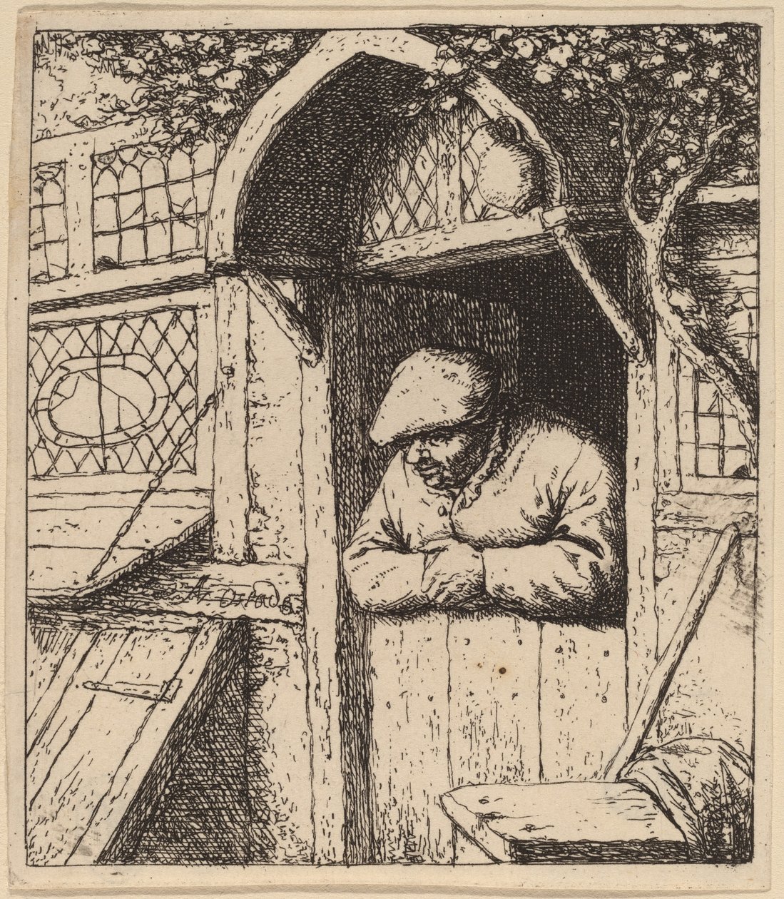 Bauer, der sich an seiner Tür lehnt von Adriaen van Ostade