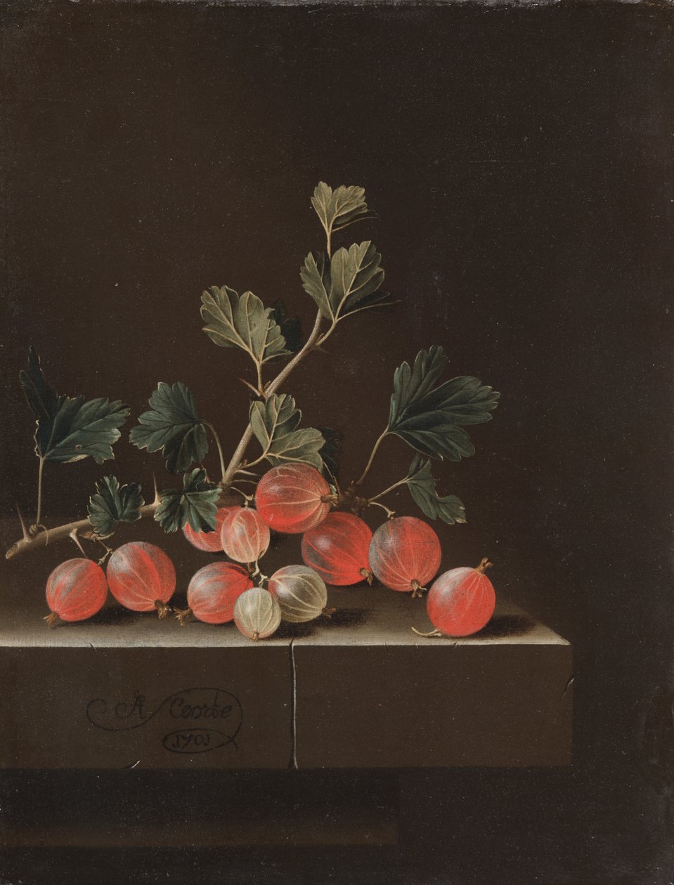 Stachelbeeren auf einem Tisch, 1701 von Adrian Coorte