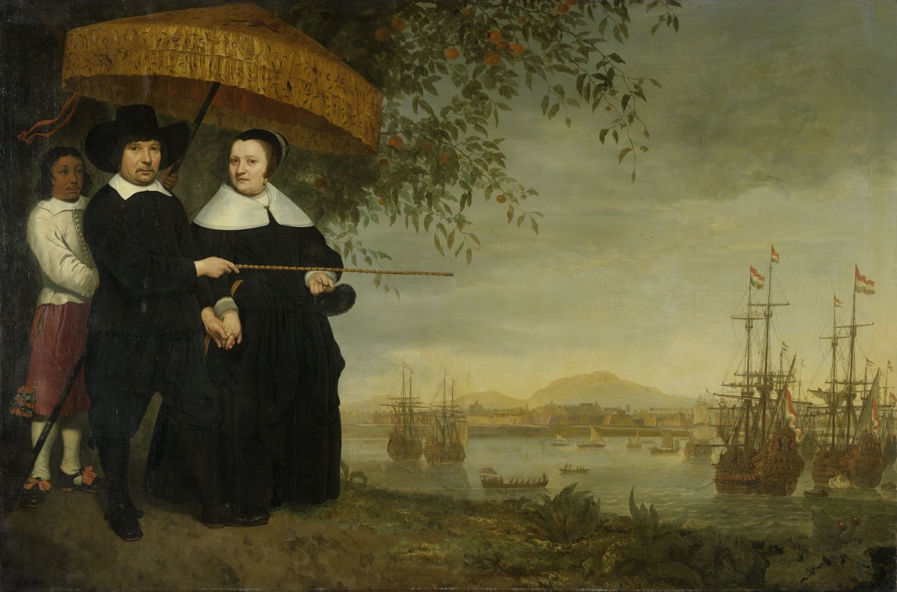 Ein leitender Kaufmann der Niederländischen Ostindien-Kompanie Jacob Mathieusen und seine Frau in Batavia, wo Schiffe der Niederländischen Ostindien-Kompanie sich auf die Heimreise vorbereiten, ca. 1640-60 von Aelbert Cuyp