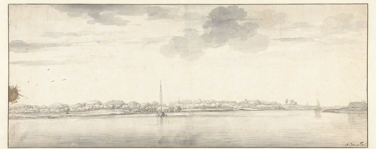 Weitläufige Flusslandschaft mit Schiffen auf ruhigem Wasser von Aelbert Cuyp