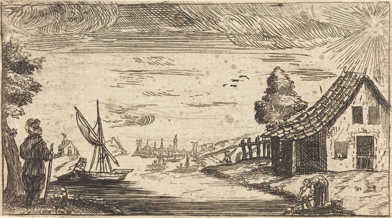 Landschaft mit Figur und Boot von After Jacques Callot
