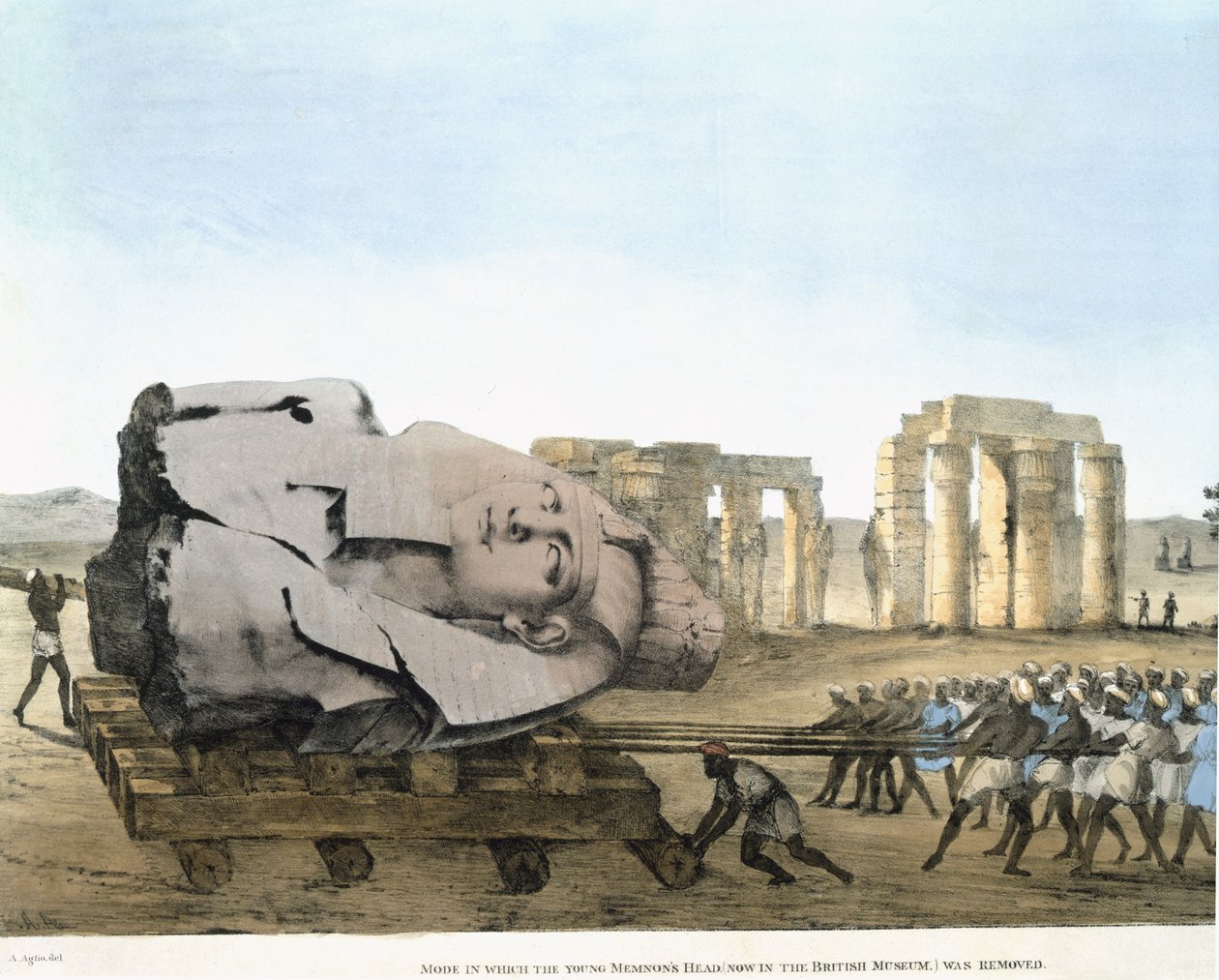 Art und Weise, wie der Kopf des jungen Memnon entfernt wurde, aus Platten zur Veranschaulichung der Forschungen in Ägypten und Nubien. Belzoni, Giovannie Battista. Aglio, Agostino (1777-1857) Veröffentlicht 1820-22 von Agostino Aglio