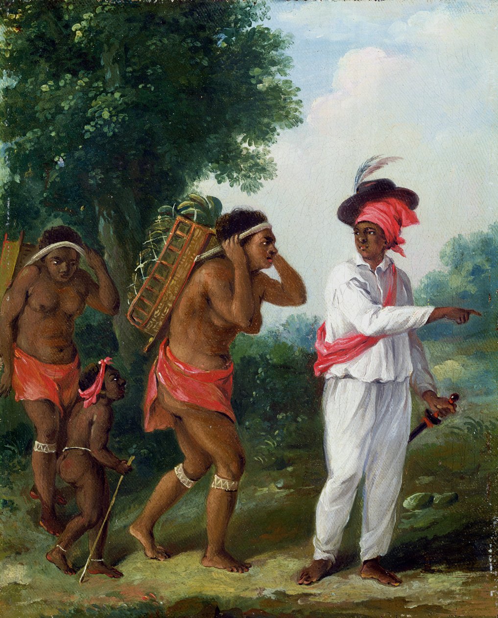 Westindischer Farbiger, der zwei Karibische Frauen mit einem Kind anleitet, ca. 1780 von Agostino Brunias