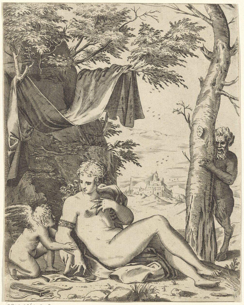 Venus, Amor und Satyr von Agostino Carracci (attributed to)