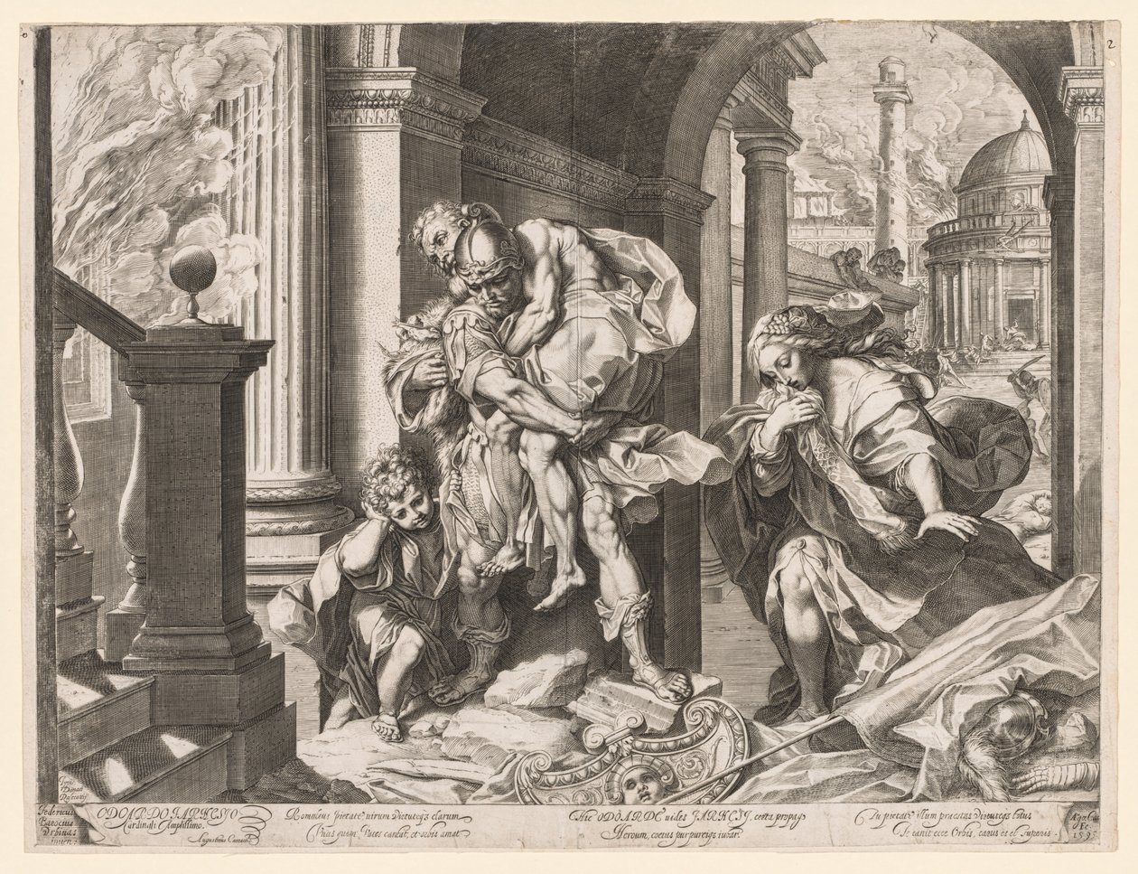 Aeneas und seine Familie fliehen aus Troja von Agostino Carracci