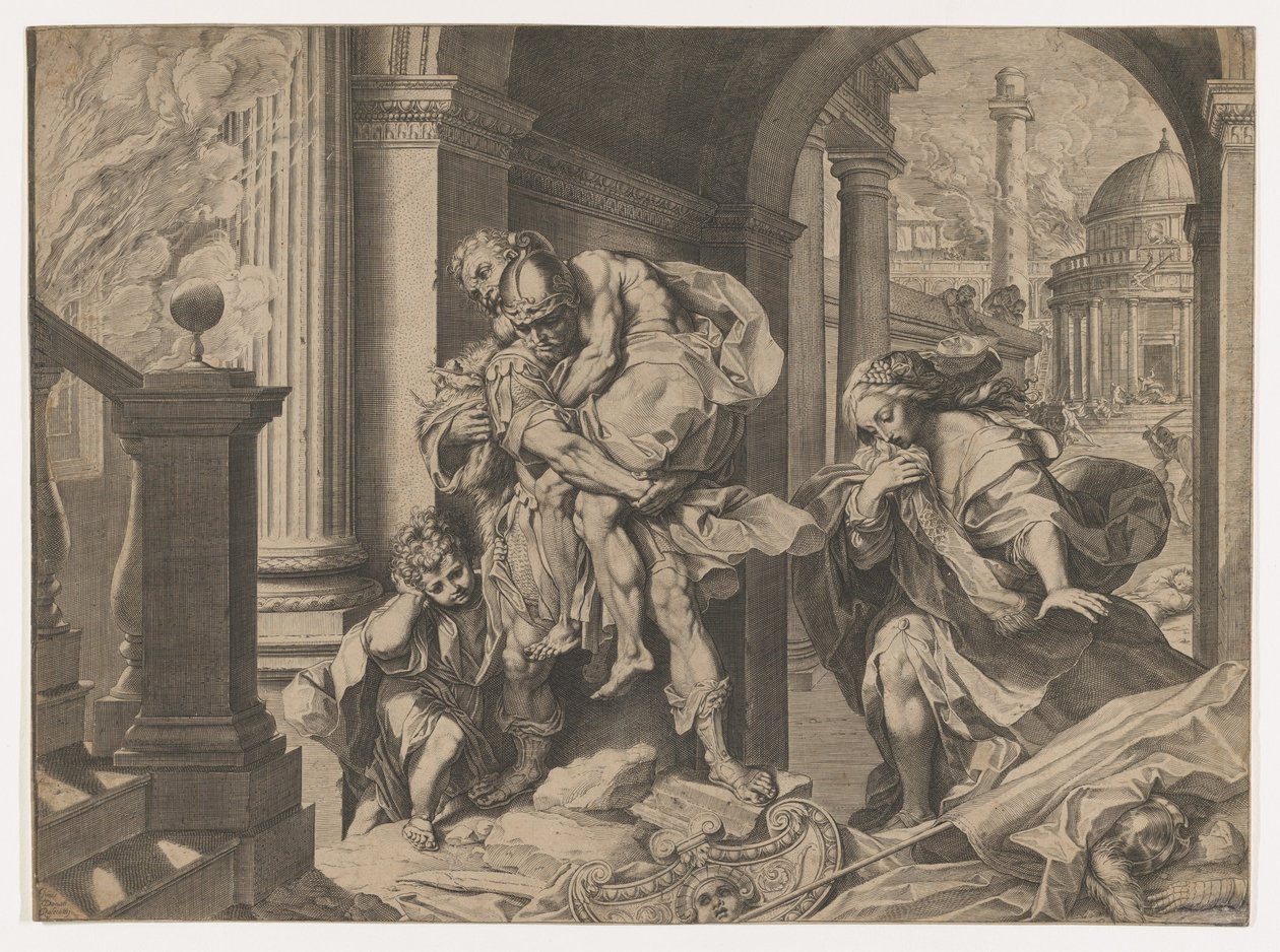 Aeneas und seine Familie fliehen aus Troja, 1595 von Agostino Carracci