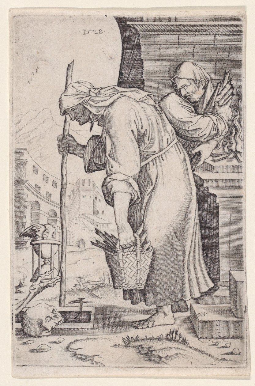 Alte Frau, die sich dem Grab nähert von Agostino Veneziano