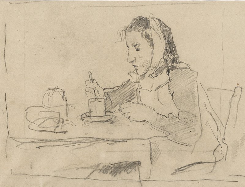 Am Tisch sitzendes Mädchen mit Tasse von Albert Anker