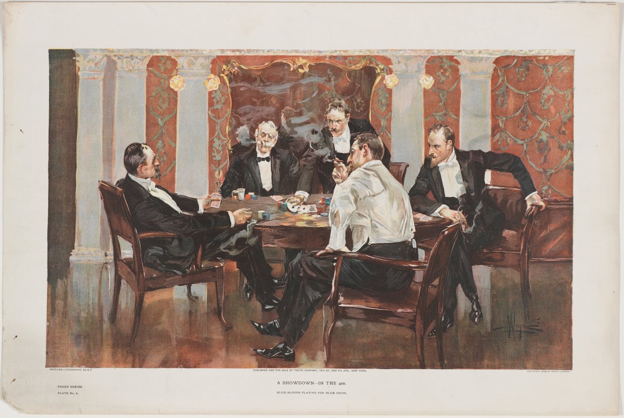 Ein Showdown - In den 400. Blaublüter spielen um blaue Chips, Platte 6 aus einer Pokerserie, veröffentlicht von der Truth Company, New York, 1895 von Albert Beck Wenzell