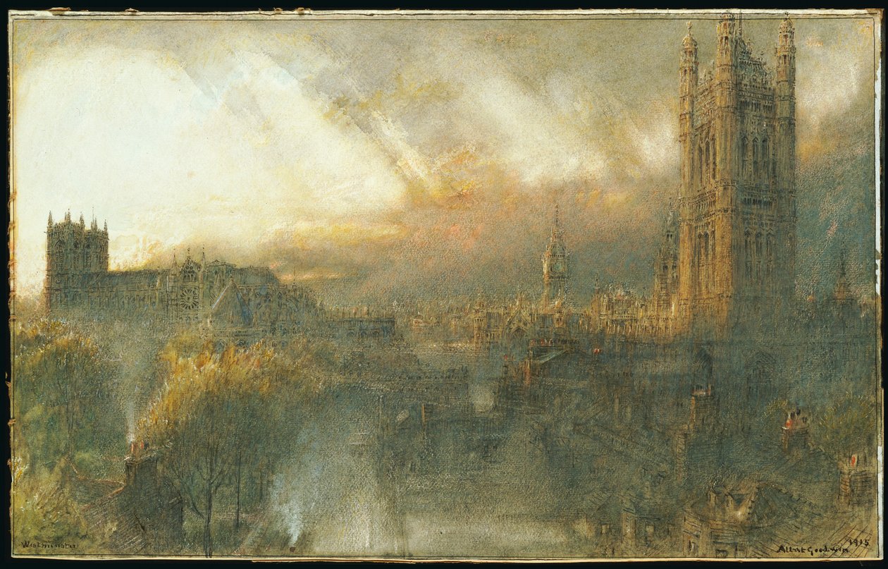 Westminster von einem Hausdach, 1915 von Albert Goodwin