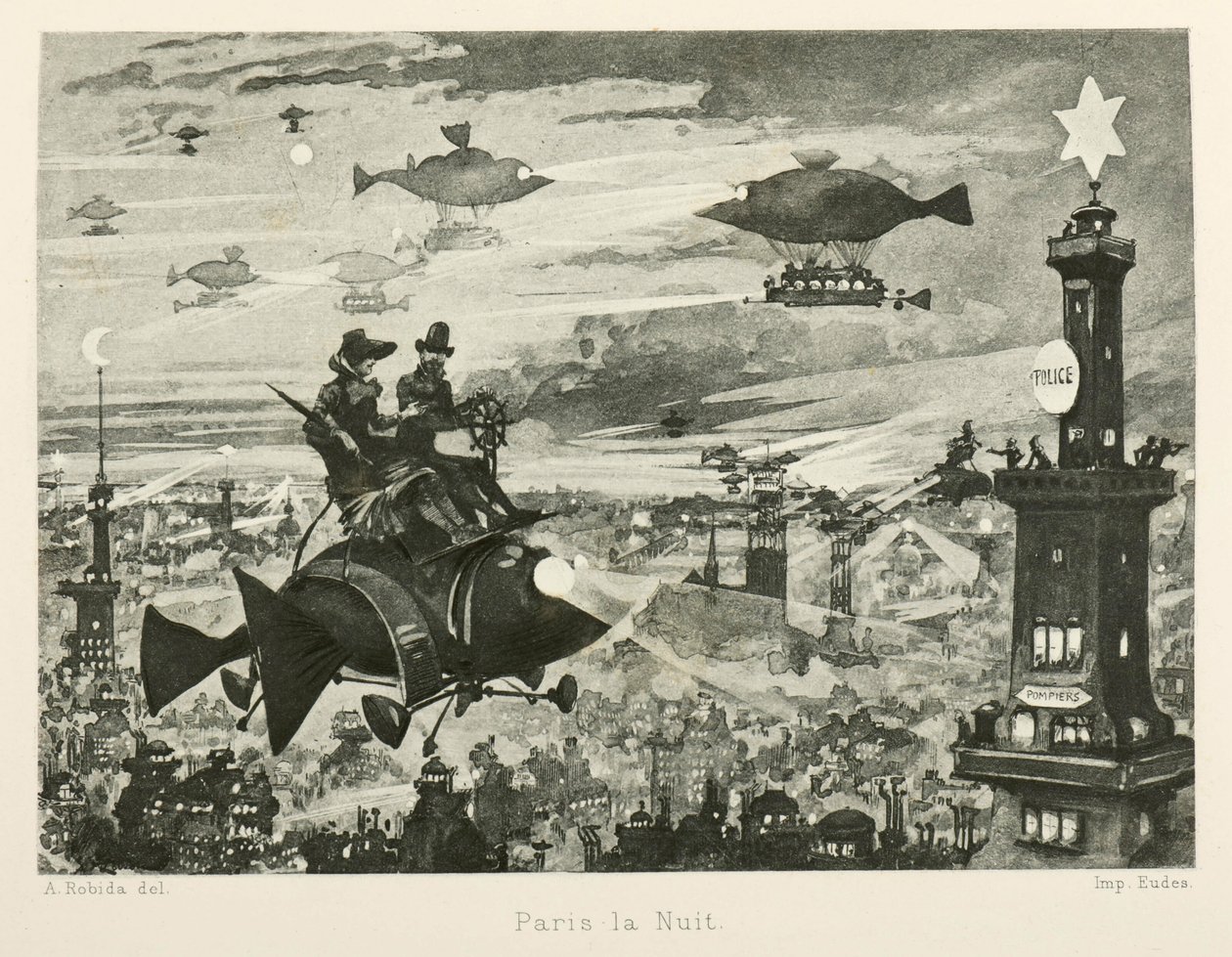 Paris bei Nacht, das zwanzigste Jahrhundert von Albert Robida